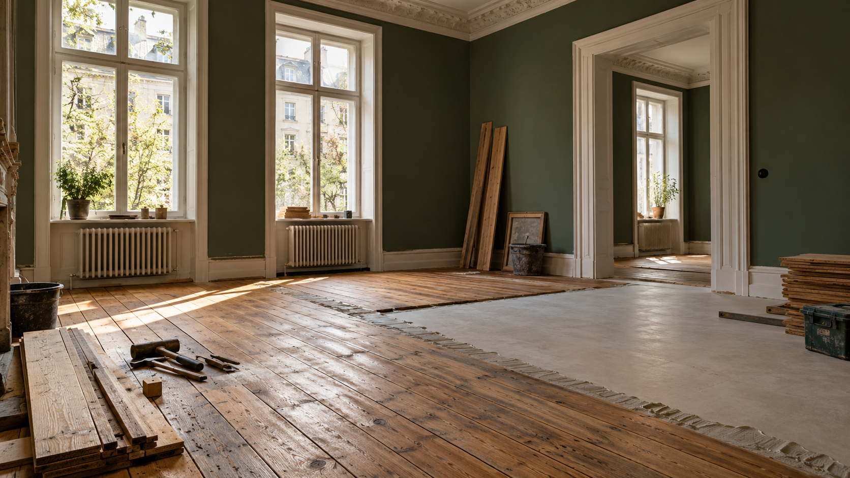 Altbauwohnung während der Bodensanierung